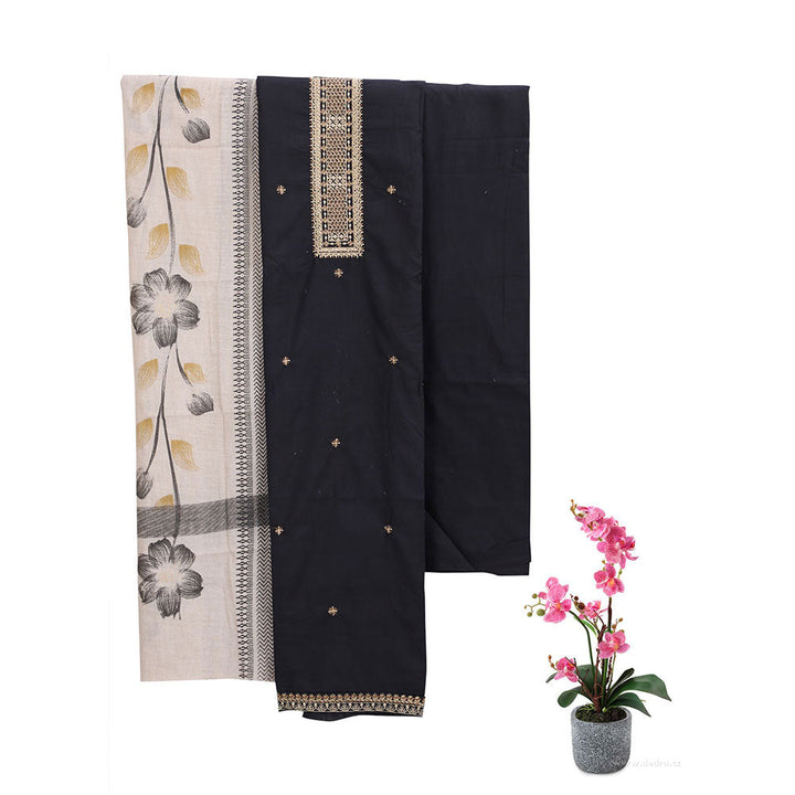 SALWAR STUDIO Black Embroidered Unstitched Dress Material (Set of 3)