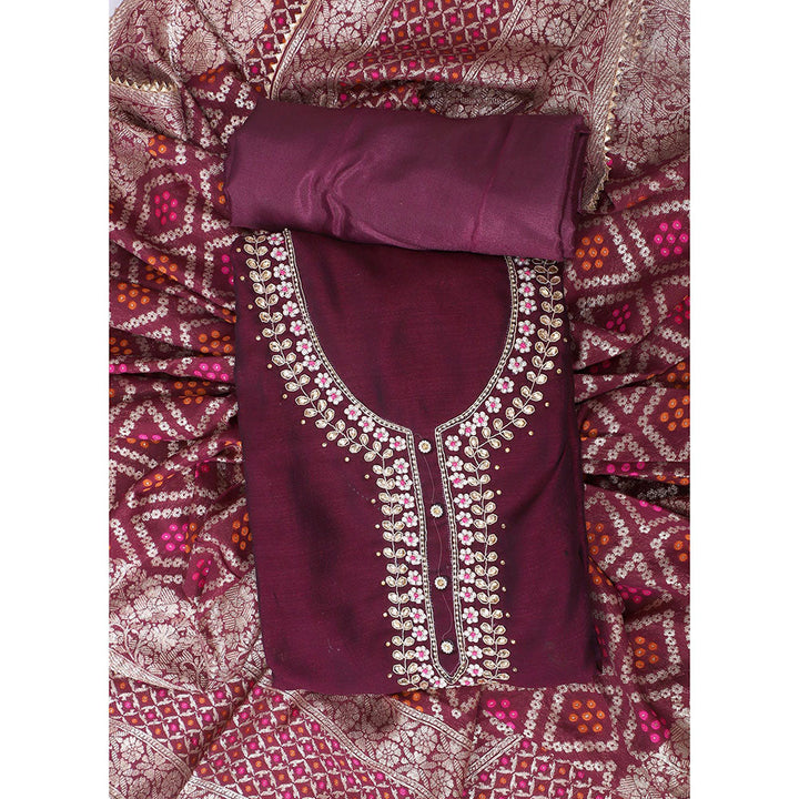 SALWAR STUDIO Wine Embroidered Unstitched Dress Material (Set of 3)