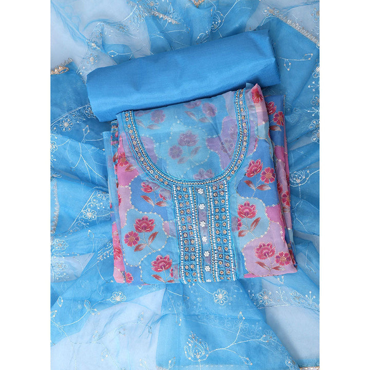 SALWAR STUDIO Blue Embellished Unstitched Dress Material (Set of 3)