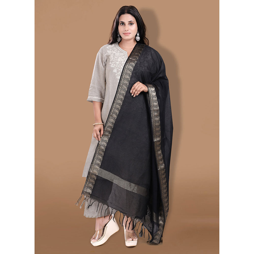 SALWAR STUDIO Black Cotton Dupatta with Tassels