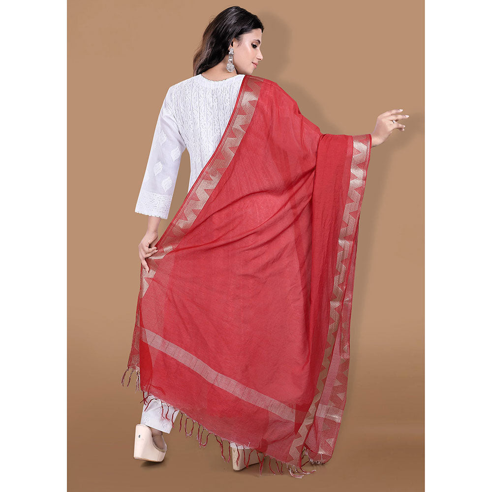 SALWAR STUDIO Red Cotton Dupatta with Tassels