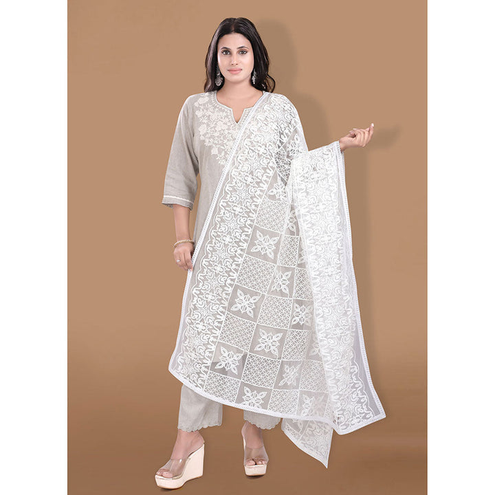 SALWAR STUDIO White Net Embroidered Dupatta