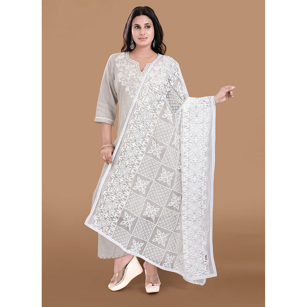 SALWAR STUDIO White Net Embroidered Dupatta