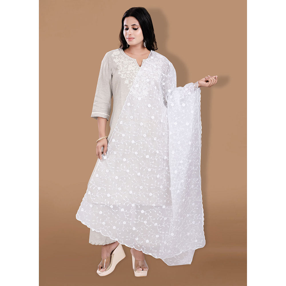 SALWAR STUDIO White Organza Embroidered Dupatta