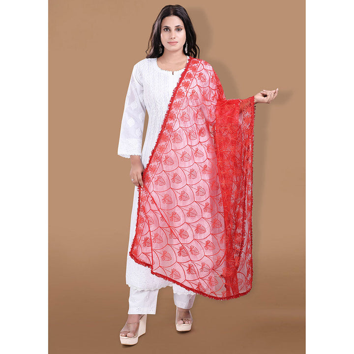 SALWAR STUDIO Red Net Embellished Dupatta