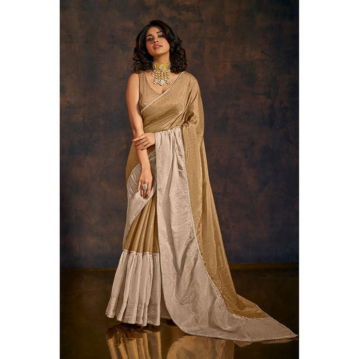 SALWAR STUDIO Sunkissed Gold and Beige Ruffle Tissue Saree without Blouse