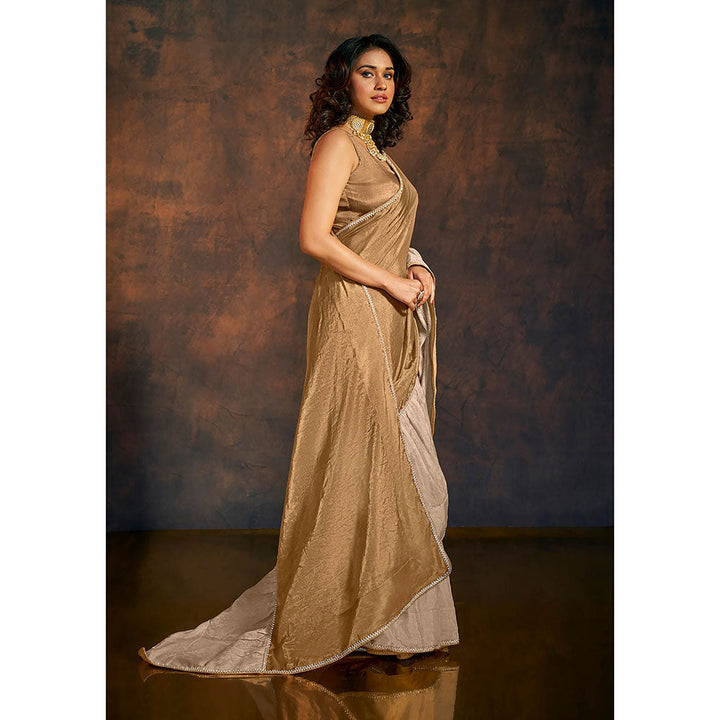 SALWAR STUDIO Sunkissed Gold and Beige Ruffle Tissue Saree without Blouse