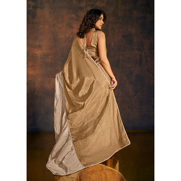 SALWAR STUDIO Sunkissed Gold and Beige Ruffle Tissue Saree without Blouse