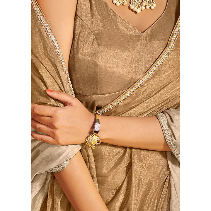 SALWAR STUDIO Sunkissed Gold and Beige Ruffle Tissue Saree without Blouse