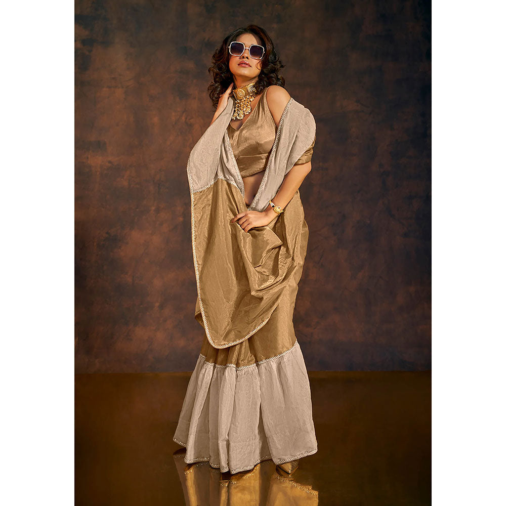 SALWAR STUDIO Sunkissed Gold and Beige Ruffle Tissue Saree without Blouse