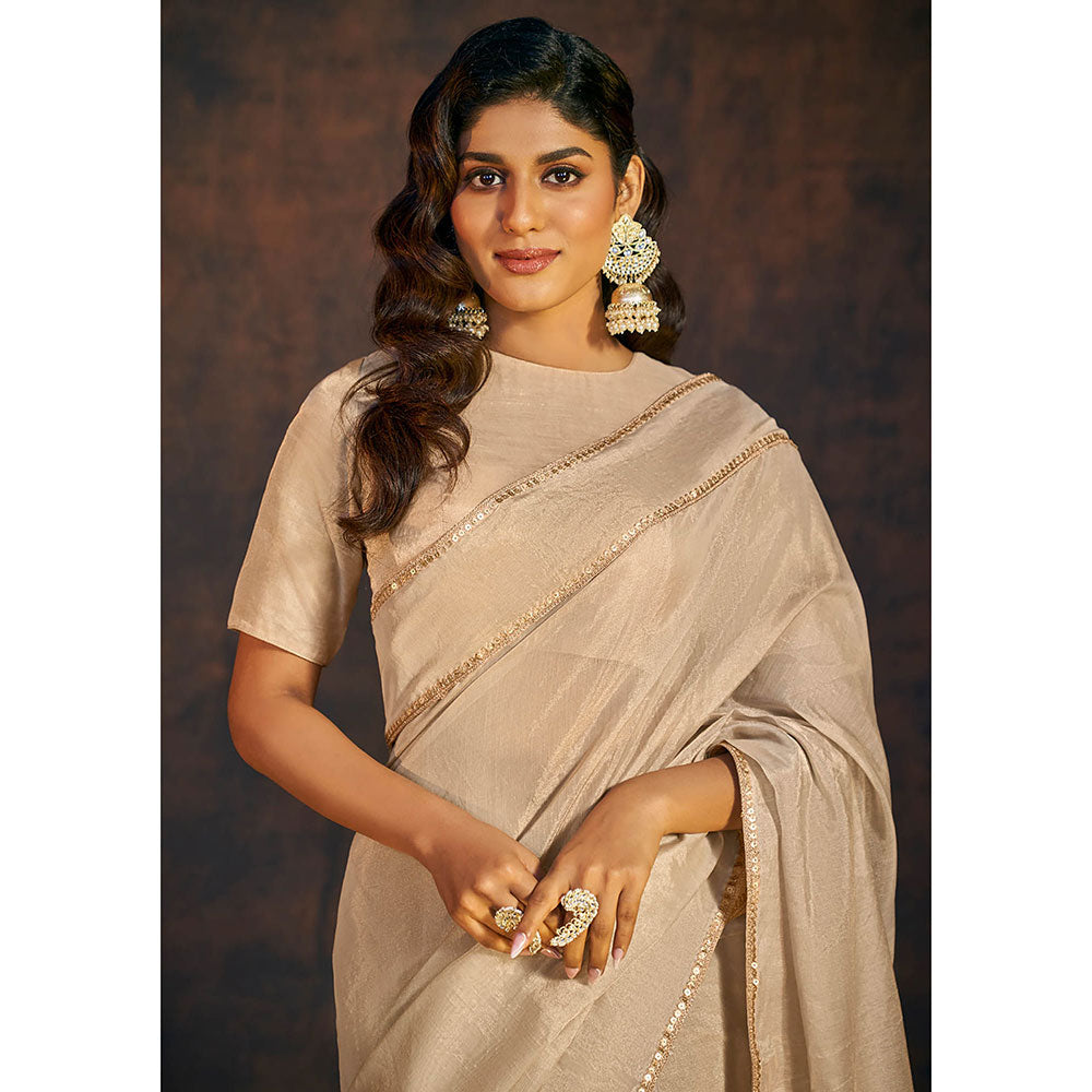 SALWAR STUDIO Beige Embellished Tissue Saree without Blouse