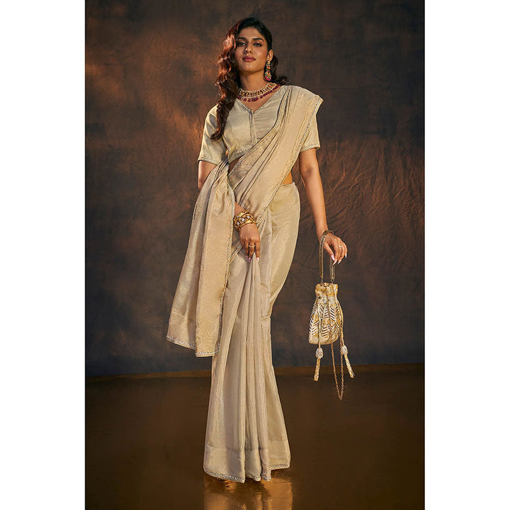 SALWAR STUDIO Beige Embellished Tissue Saree without Blouse