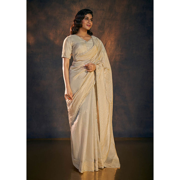 SALWAR STUDIO Beige Embellished Tissue Saree without Blouse