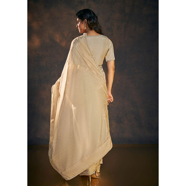 SALWAR STUDIO Beige Embellished Tissue Saree without Blouse