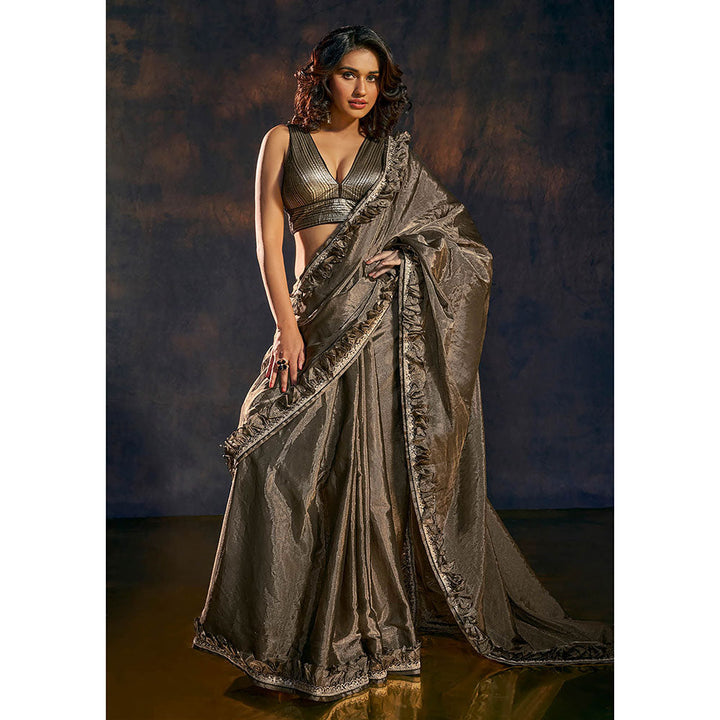 SALWAR STUDIO Black Gold Toned Ruffle Tissue Saree without Blouse