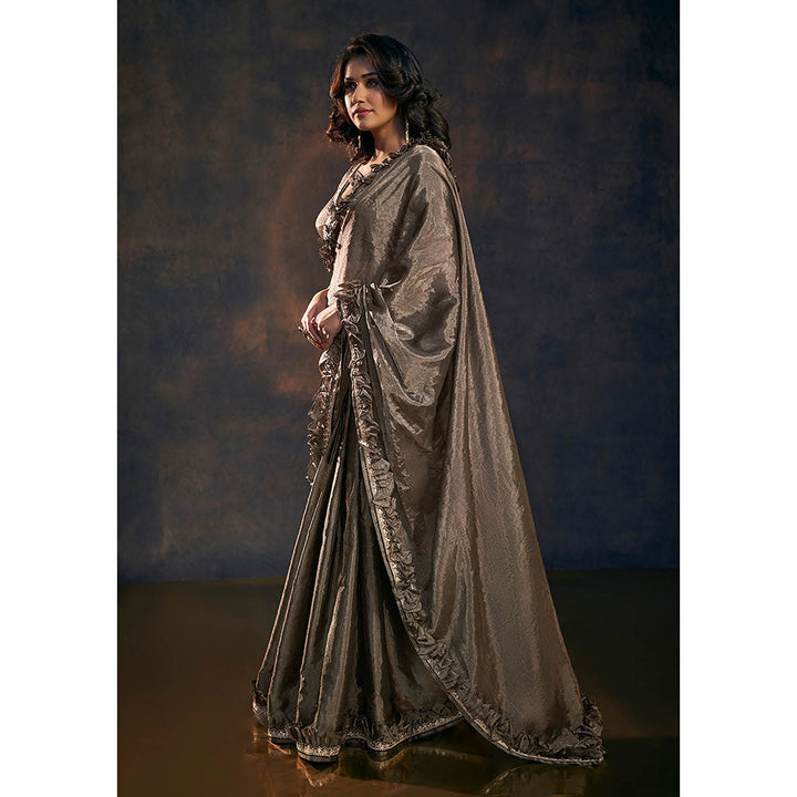 SALWAR STUDIO Black Gold Toned Ruffle Tissue Saree without Blouse