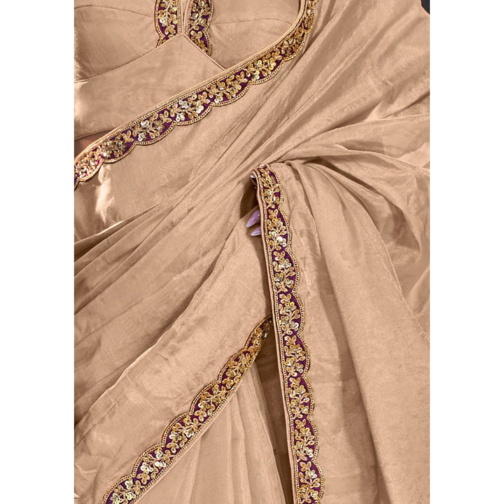 SALWAR STUDIO Beige Banarasi Tissue Saree with Purple Gold Lace Work without Blouse