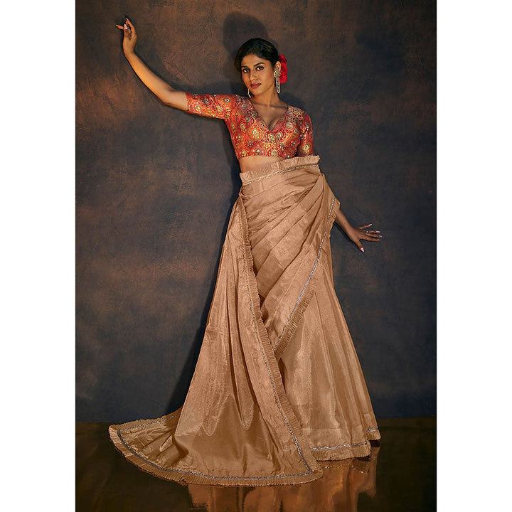 SALWAR STUDIO Rose Gold Embellished Ruffle Tissue Saree without Blouse