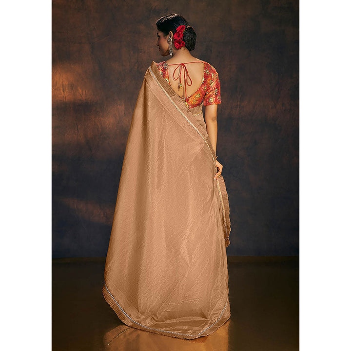 SALWAR STUDIO Rose Gold Embellished Ruffle Tissue Saree without Blouse