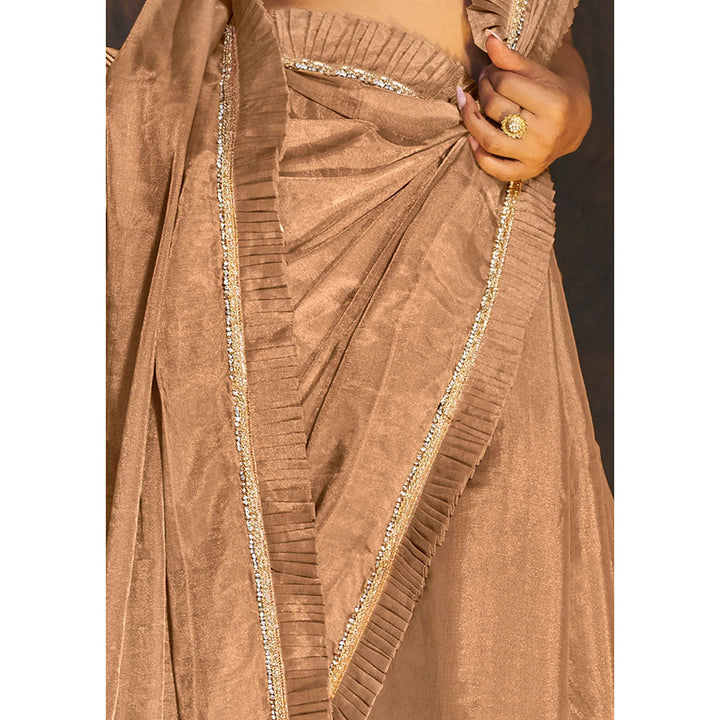 SALWAR STUDIO Rose Gold Embellished Ruffle Tissue Saree without Blouse