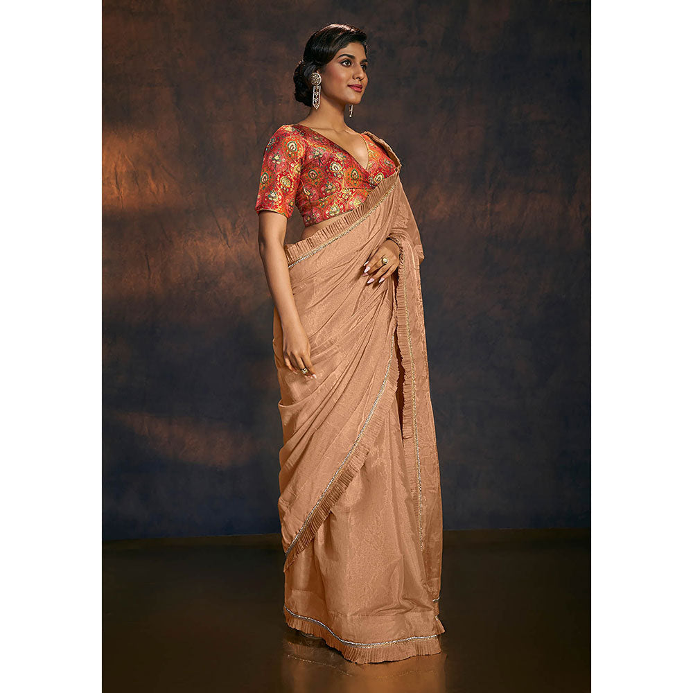 SALWAR STUDIO Rose Gold Embellished Ruffle Tissue Saree without Blouse