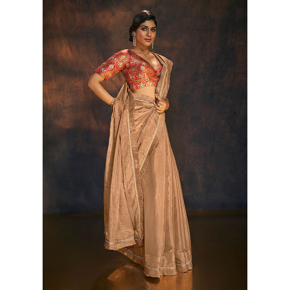 SALWAR STUDIO Rose Gold Embellished Ruffle Tissue Saree without Blouse