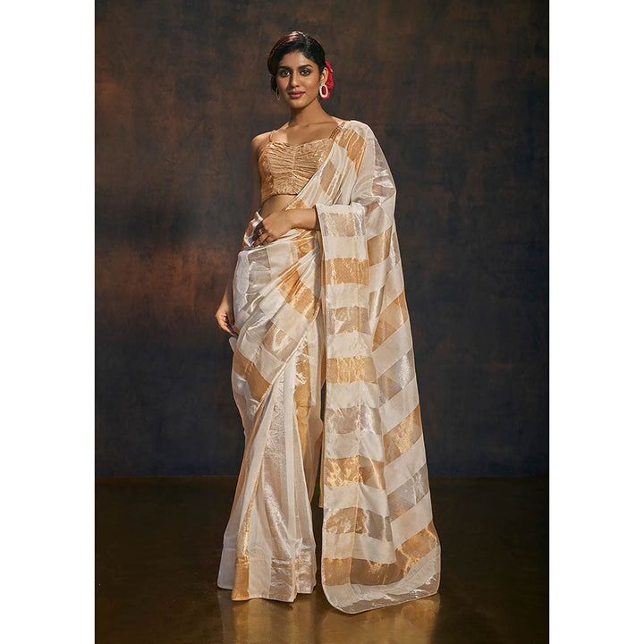 SALWAR STUDIO Off White Tissue Saree with Gold and Silver Stripes without Blouse