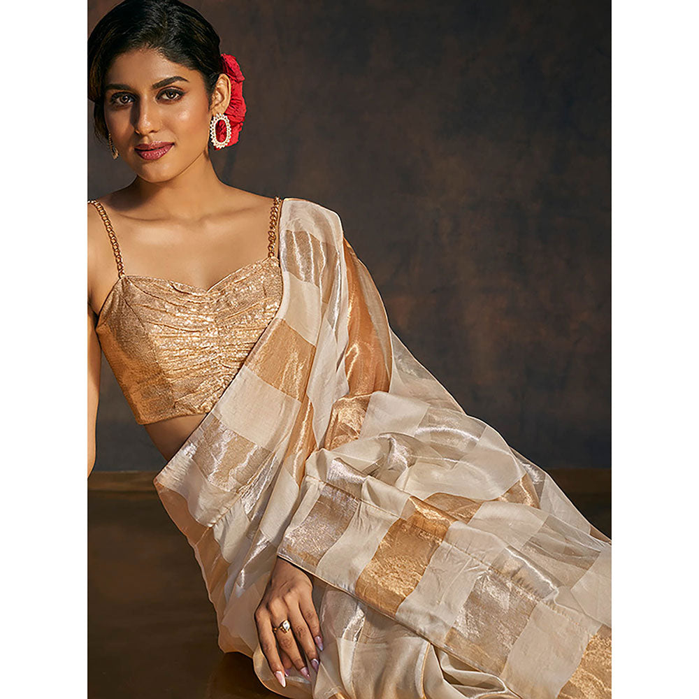 SALWAR STUDIO Off White Tissue Saree with Gold and Silver Stripes without Blouse