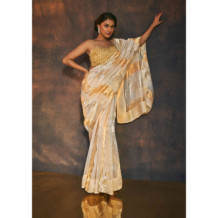 SALWAR STUDIO Gold and Silver Striped Tissue Saree without Blouse