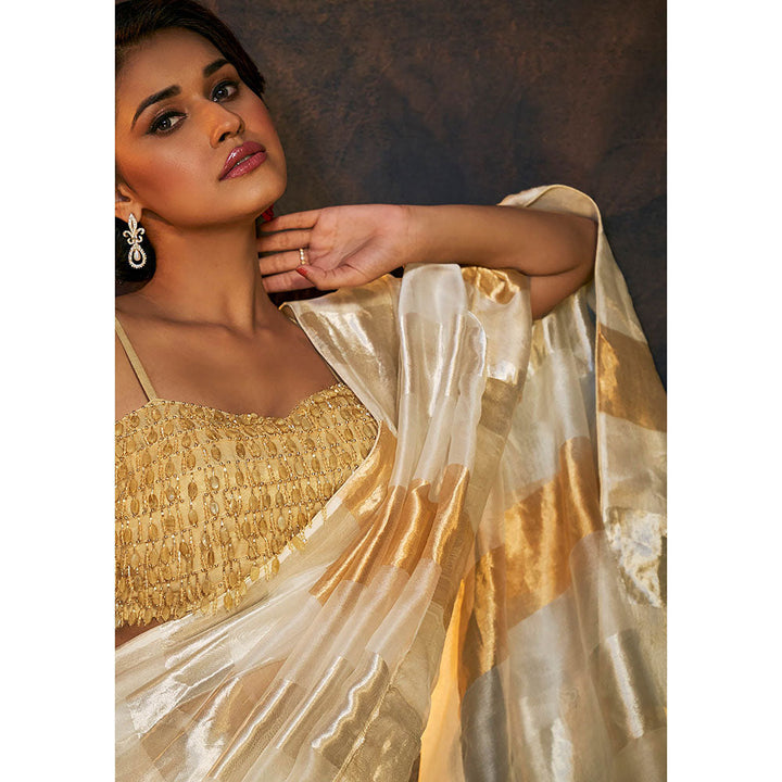 SALWAR STUDIO Gold and Silver Striped Tissue Saree without Blouse