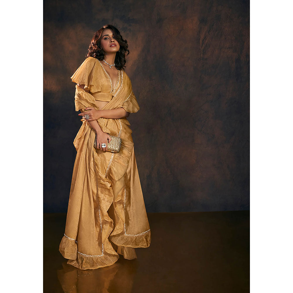 SALWAR STUDIO Gold Ruffle Tissue Saree without Blouse