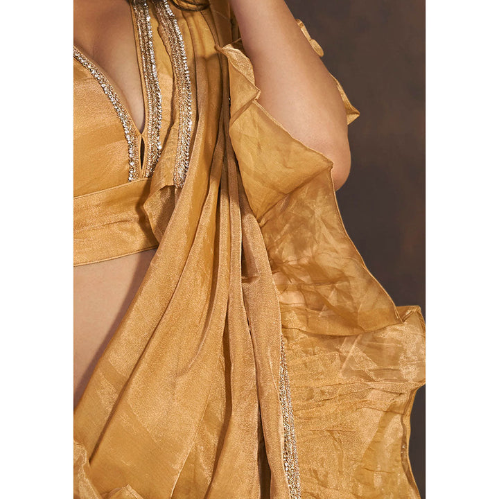 SALWAR STUDIO Gold Ruffle Tissue Saree without Blouse