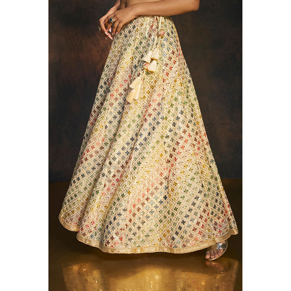 SALWAR STUDIO Ivory Floral Sequin Embroidered Lehenga