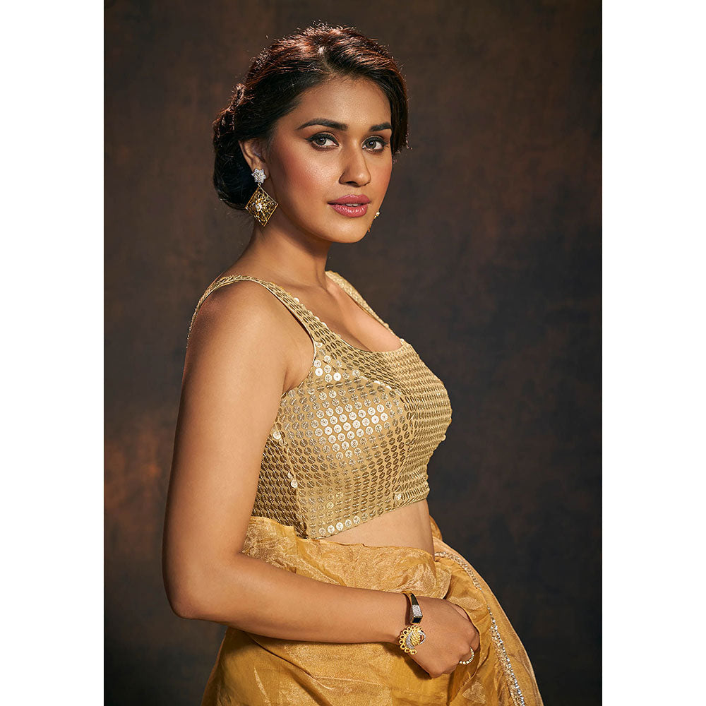 SALWAR STUDIO Womens Gold Georgette Sleeveless Stitched Blouse with Sequins Work