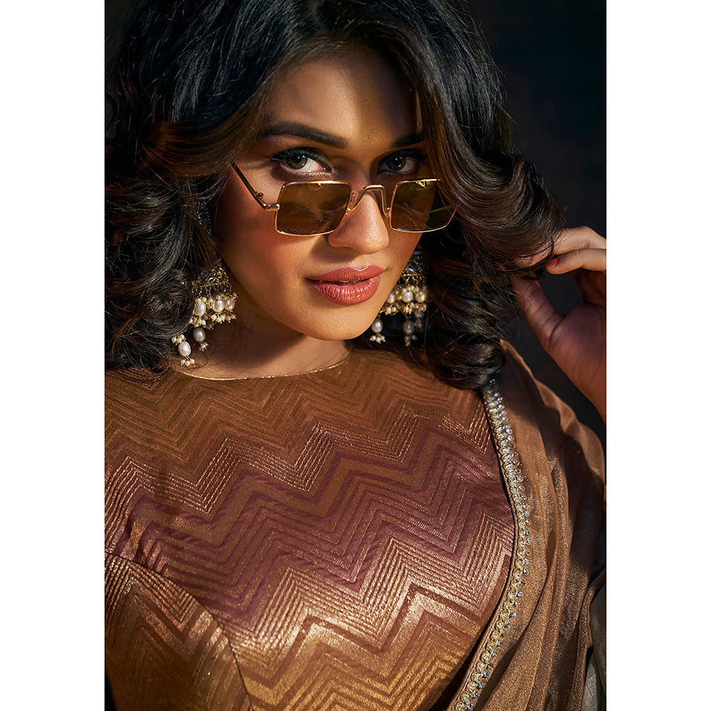 SALWAR STUDIO Golden Maroon Tissue Metallic Saree Stitched Blouse