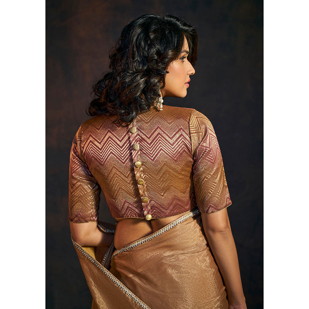 SALWAR STUDIO Golden Maroon Tissue Metallic Saree Stitched Blouse