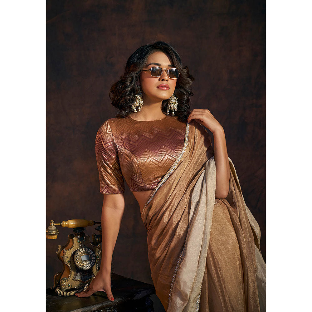 SALWAR STUDIO Golden Maroon Tissue Metallic Saree Stitched Blouse