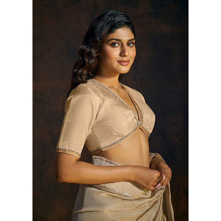 SALWAR STUDIO Beige Tissue Stitched Blouse with Embellished Highlights