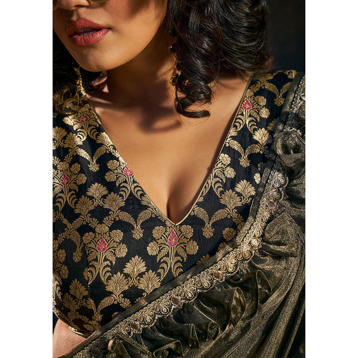 SALWAR STUDIO Exquisite Black Banarasi Brocade Sleeveless Stitched Blouse