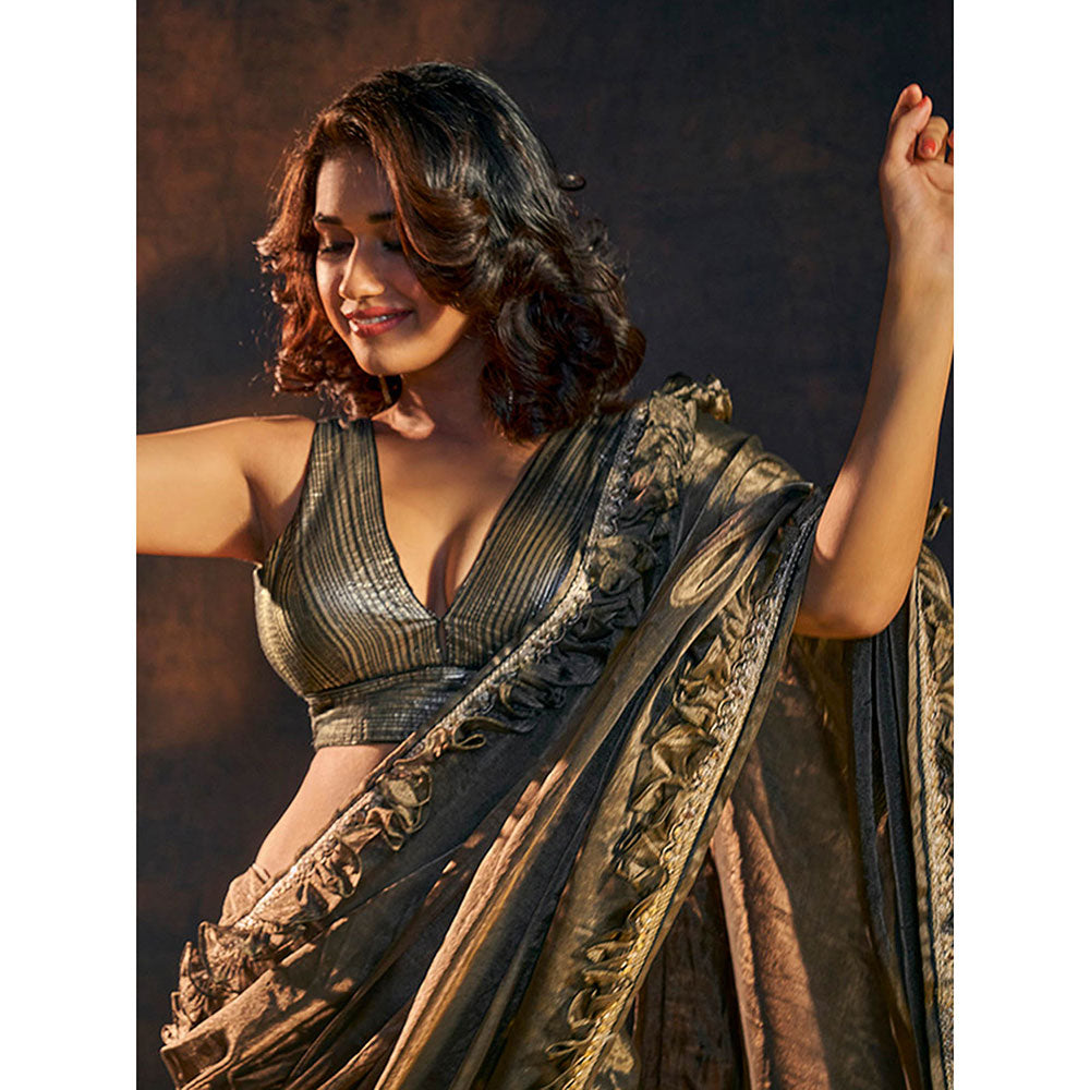 SALWAR STUDIO Black Gold Striped Tissue Saree Sleeveless Stitched Blouse