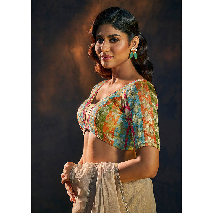 SALWAR STUDIO Multicolor Woven Brocade Saree Stitched Blouse