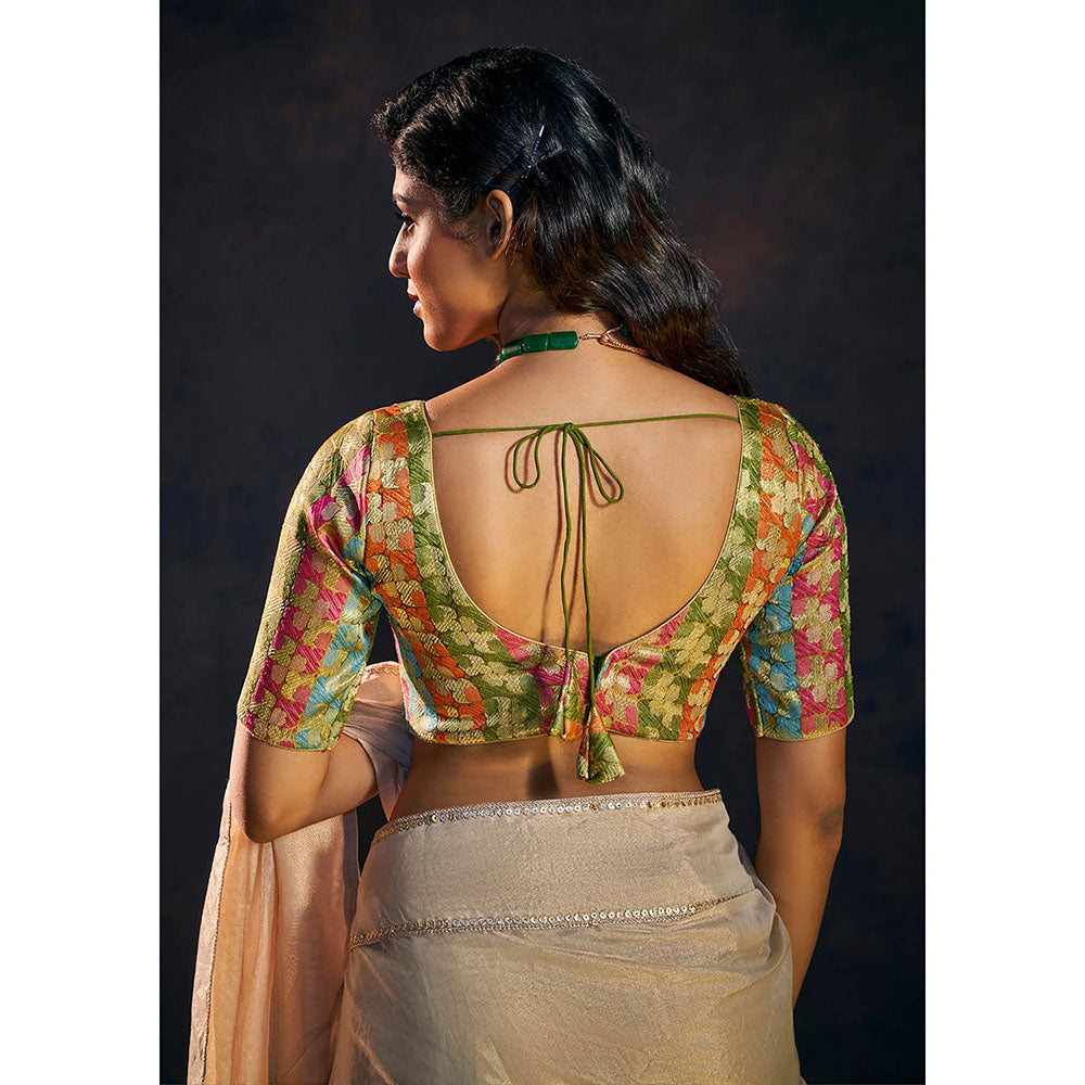 SALWAR STUDIO Multicolor Woven Brocade Saree Stitched Blouse