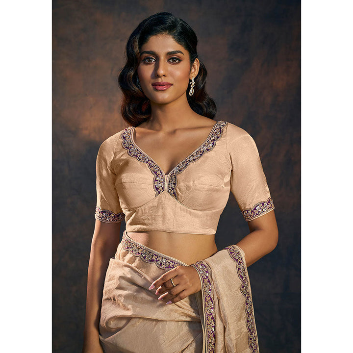 SALWAR STUDIO Beige Tissue V Neck Stitched Blouse with Lace Neck