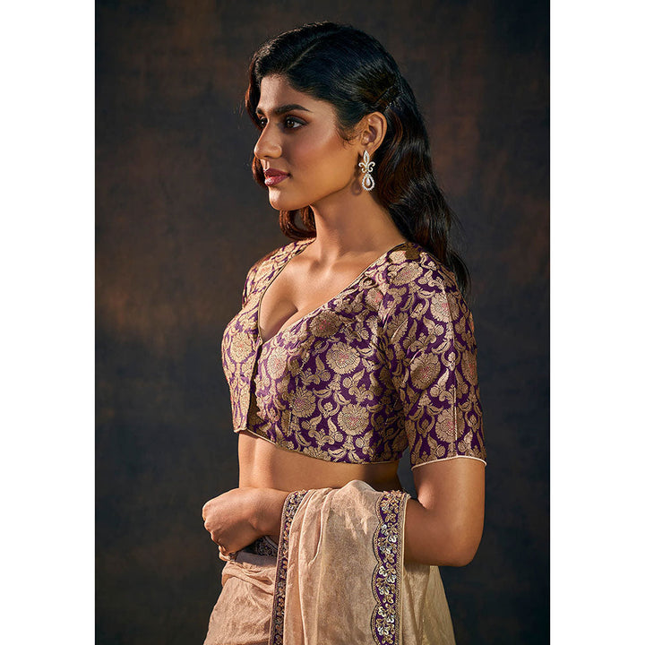 SALWAR STUDIO Purple V Neck Banarasi Brocade Stitched Blouse