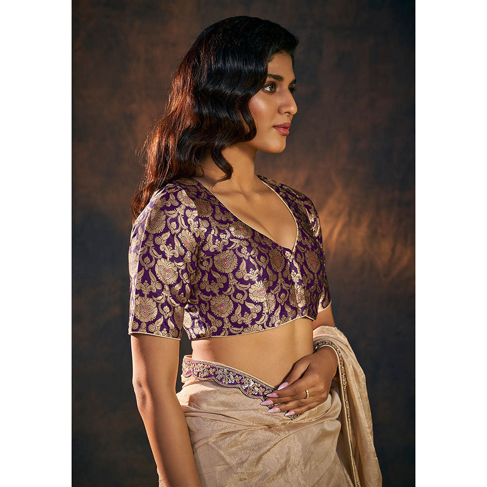 SALWAR STUDIO Purple V Neck Banarasi Brocade Stitched Blouse