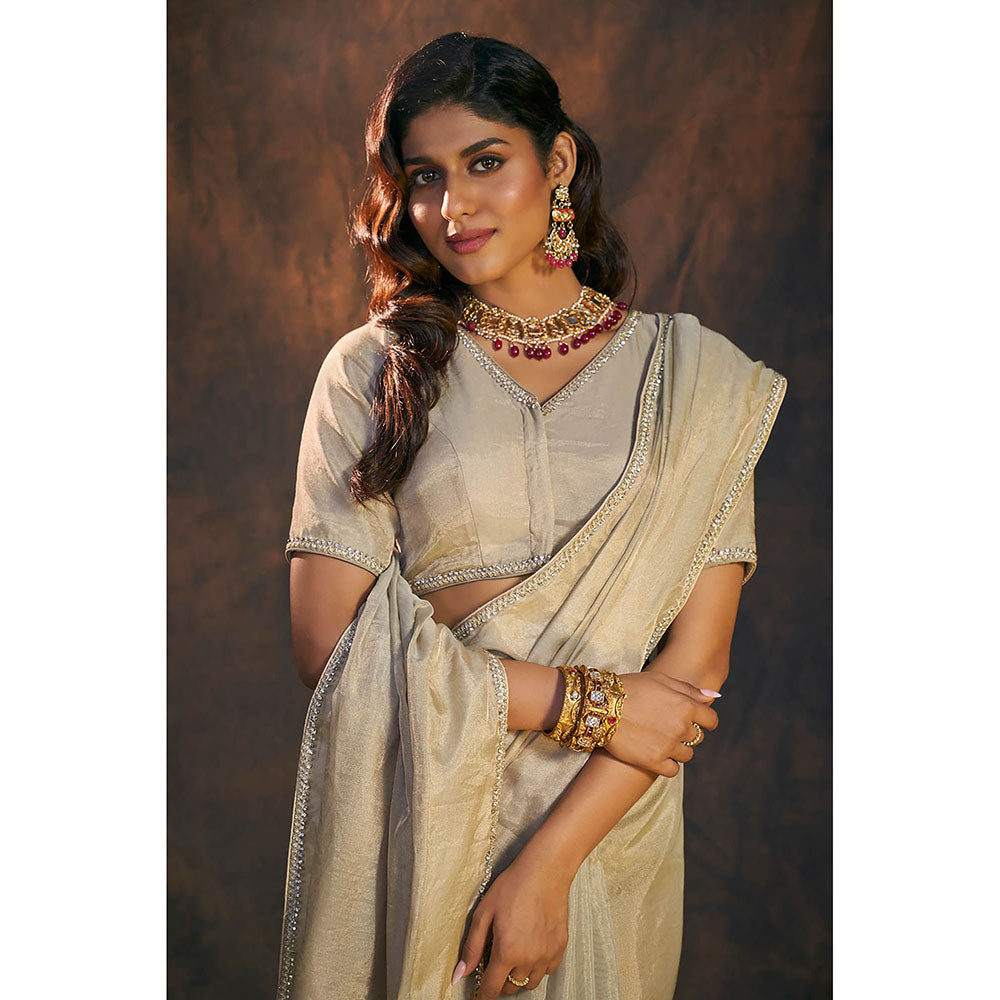 SALWAR STUDIO Beige Tissue Elbow Sleeves Stitched Blouse