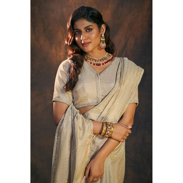 SALWAR STUDIO Beige Tissue Elbow Sleeves Stitched Blouse