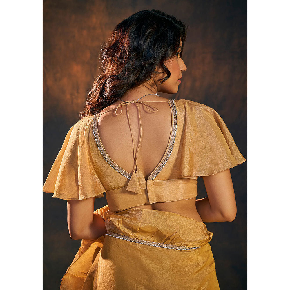 SALWAR STUDIO Gold Deep Plunging Neck Ruffle Sleeves Stitched Blouse