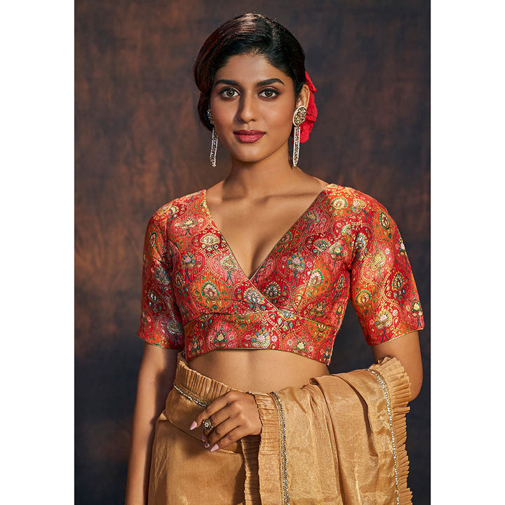 SALWAR STUDIO Red Motif Woven Brocade Stitched Blouse