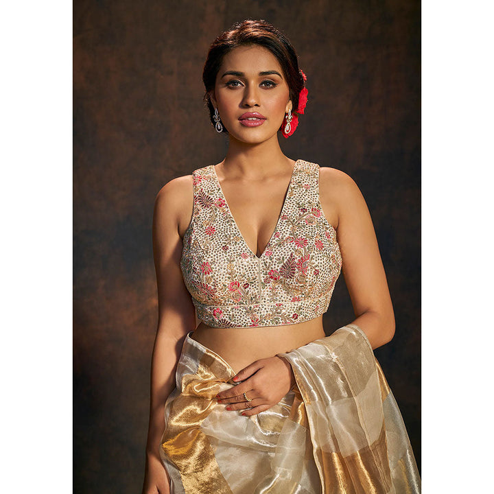 SALWAR STUDIO Cream Sleeveless Stitched Blouse with Floral Embroidery and Sequin